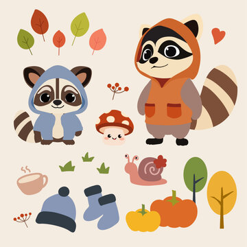 An adorable illustration of two raccoons for autumn season decoration.
