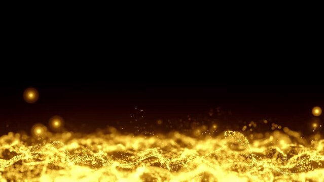 Waves formed by golden particles. Animation Seamless loop. Abstract background, 3d render.