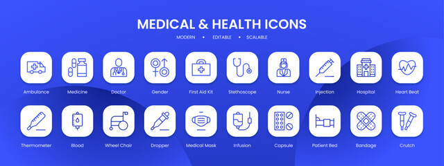Medical and health icon collection with black filled line outline style. health, set, medical, collection, symbol, medicine, flat. Vector Illustration