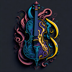 Colorful graffiti illustration of a violin, vibrant color, colorful G-clef symbols, highly detailed