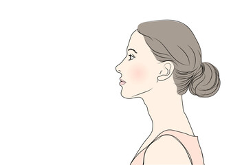 アップヘアの女性の横顔アップのイラスト
