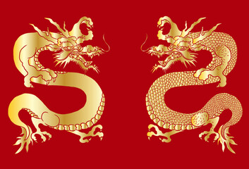 Japanese red dragon tattoo.Dragon on red background for Chinese New Year.Gold Chinese Dragon vector.Gold line art King Dragon tattoo.cartoon vector for t-shirt.
