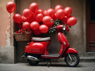 Poster Red color scooter with rose baloons and baskets on old wall background.  © Vishani 