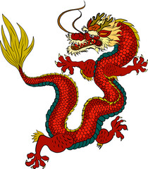 Fototapeta premium Japanese red dragon tattoo.Dragon on red background for Chinese New Year.Gold Chinese Dragon vector.Gold line art King Dragon tattoo.cartoon vector for t-shirt.