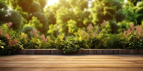 Natural harmony. Wooden floor with vibrant greenery. Summer garden vibes. Fresh leaves. Sunny serenity. Empty table with blur green background