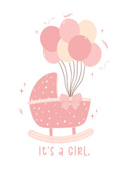 Cute Baby Girl Shower Invitation Card with Pink Pram and Balloons. Celebrate the joy of a new arrival with this adorable hand-drawn baby girl shower invitation card.