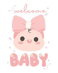 Cute Baby Girl Shower in pink, Welcome baby girl with adorable newborn happy face, Perfect for invitaion greeting card, welcoming the little one into the family.