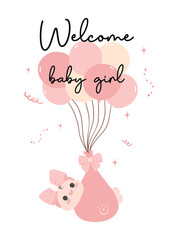 Cute Baby Girl Shower Invitation Card with Cute Hand Drawn Balloons cartoon illustration. Perfect for welcoming the little one into the family.