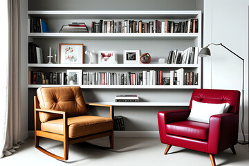 Bookcase with armchair in modern interior of room