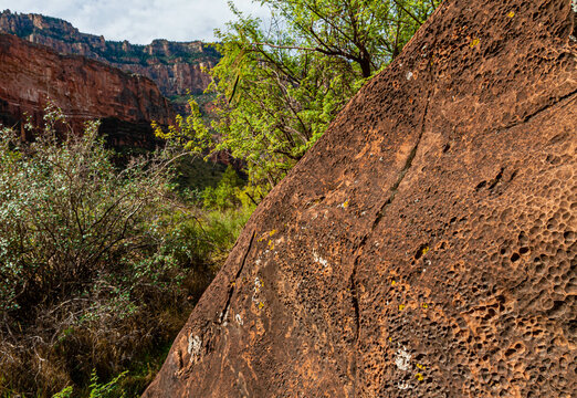 Weathered Section Of Supai Formation With Redwall Limestone In The Distance On The Bright Angel Trail, Grand Canyon National Park, Arizona, USA