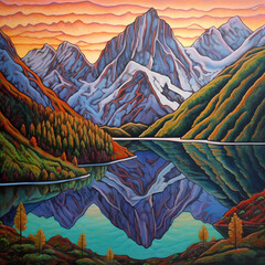 a painting of mountain lake