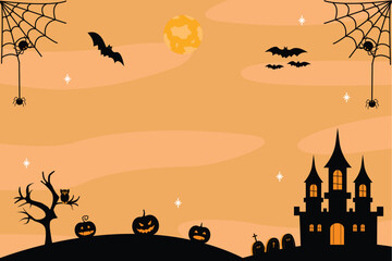 Halloween Background & Elements, Pumpkins, bats, ghosts, coffin, grave or gravestone, zombie, castle, oak tree, moon, spider, cobweb, witch hat, witch broom, candle, owl.