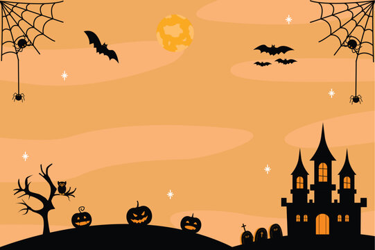 Halloween Background & Elements, Pumpkins, bats, ghosts, coffin, grave or gravestone, zombie, castle, oak tree, moon, spider, cobweb, witch hat, witch broom, candle, owl.