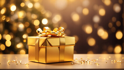Obraz na płótnie Canvas Beautiful golden gift box on the light table against blurred festive lights bokeh background