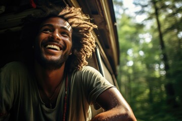 Young happy african american hipster rasta man living in a van