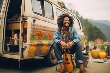 Young happy african american hipster rasta man living in a van