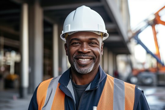 Smiling Portrait Of A Happy Male African American Architect Or Developer Working On A Construction Site