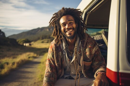 Young happy african american hipster rasta man living in a van