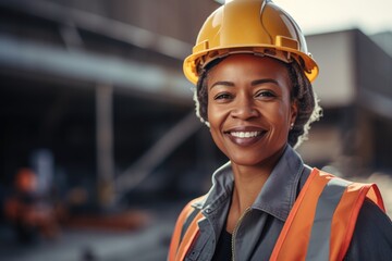 Smiling portrait of a happy female african american developer or architect with a hard hat on a construction site