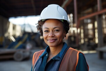 Smiling portrait of a happy female african american developer or architect with a hard hat on a construction site