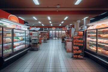 Interior of a supermarket or grocery store without people