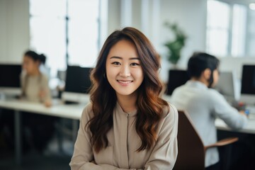Obraz premium Smiling portrait of a happy asian woman working for a modern startup company in a business office