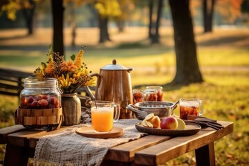 rustic autumn park picnic setup from behind, showcasing a wooden picnic table adorned with an array of fal