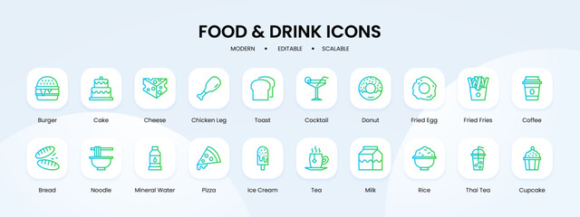 Food and drink icon collection with blue and green gradient outline style. food, drink, set, collection, coffee, restaurant, meal. Vector illustration