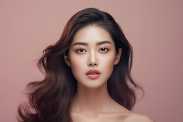 Fototapeta premium Close-up portrait of woman nice attractive lovely pretty cheerful cheery glad wavy-haired girl folded arms isolated over nude pastel color background. Generative AI.
