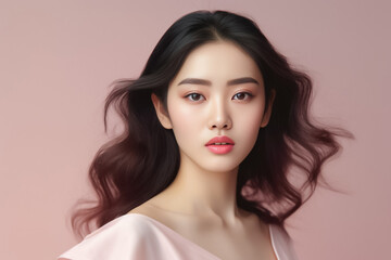 Naklejka premium Close-up portrait of woman nice attractive lovely pretty cheerful cheery glad wavy-haired girl folded arms isolated over nude pastel color background. Generative AI.