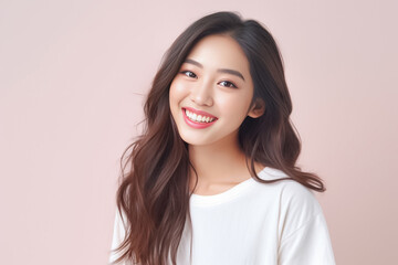 Fototapeta premium Close-up portrait of woman nice attractive lovely pretty cheerful cheery glad wavy-haired girl folded arms isolated over nude pastel color background. Generative AI.