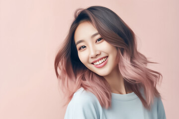 Fototapeta premium Close-up portrait of woman nice attractive lovely pretty cheerful cheery glad wavy-haired girl folded arms isolated over nude pastel color background. Generative AI.