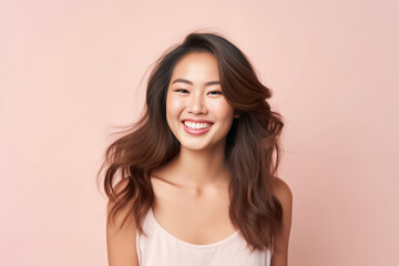 Fototapeta premium Close-up portrait of woman nice attractive lovely pretty cheerful cheery glad wavy-haired girl folded arms isolated over nude pastel color background. Generative AI.