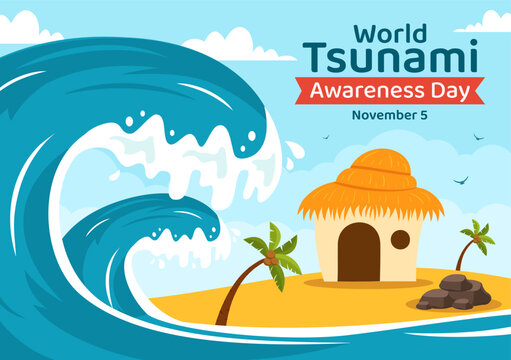 World Tsunami Awareness Day Vector Illustration on 5 November with Waves Hitting Houses and Building Landscape in Flat Cartoon Background Templates