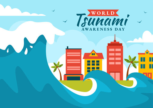 World Tsunami Awareness Day Vector Illustration on 5 November with Waves Hitting Houses and Building Landscape in Flat Cartoon Background Templates
