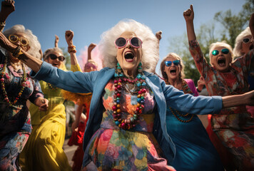 many happy old people in glasses were dancing around, happy retired life concept