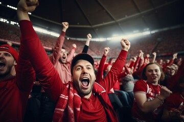 Fototapeta premium Crowd of enthusiastic sports fans, cheering passionately during a stadium match, rooting for their beloved sports team to secure victory. 