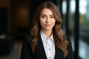 Fototapeta premium Portrait of a stylish professional woman dressed in a suit, standing confidently within an office environment. 