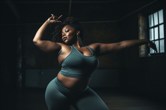 Curvaceous plus size woman wearing green engaging in lively body movements during an enjoyable dance workout session.
