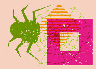 Spider and spider web with geometric shapes. Object in trendy riso graph design for Halloween. Geometry elements abstract risograph print texture style.