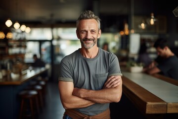 Fototapeta premium Smiling portrait of a happy middle aged caucasian small busness and restaurant owner in his restaurant