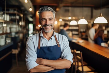 Smiling portrait of a happy middle aged caucasian small busness and restaurant owner in his restaurant