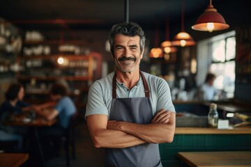 Fototapeta premium Smiling portrait of a happy middle aged caucasian small busness and restaurant owner in his restaurant