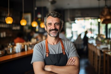 Obraz premium Smiling portrait of a happy middle aged caucasian small busness and restaurant owner in his restaurant