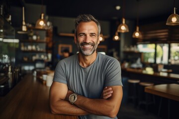 Fototapeta premium Smiling portrait of a happy middle aged caucasian small busness and restaurant owner in his restaurant