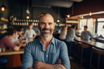 Fototapeta premium Smiling portrait of a happy middle aged caucasian small busness and restaurant owner in his restaurant