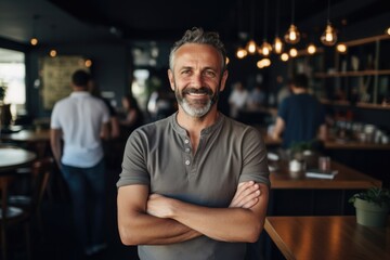 Fototapeta na wymiar Smiling portrait of a happy middle aged caucasian small busness and restaurant owner in his restaurant