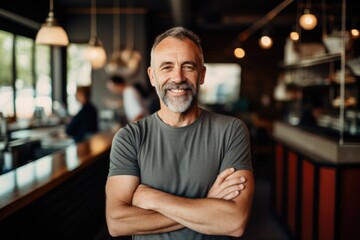 Obraz premium Smiling portrait of a happy middle aged caucasian small busness and restaurant owner in his restaurant