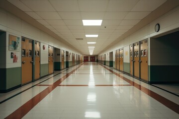 Empty interior of an elementary school hallway with lockers and classrooms