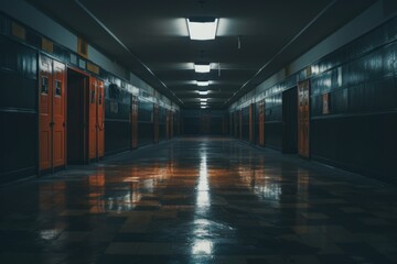 Empty interior of a high school hallway with lockers and classrooms - obrazy, fototapety, plakaty